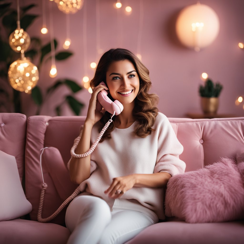 Une femme sur un canapé confortable, parlant au téléphone rose, entourée d'un éclairage doux et d'une décoration romantique